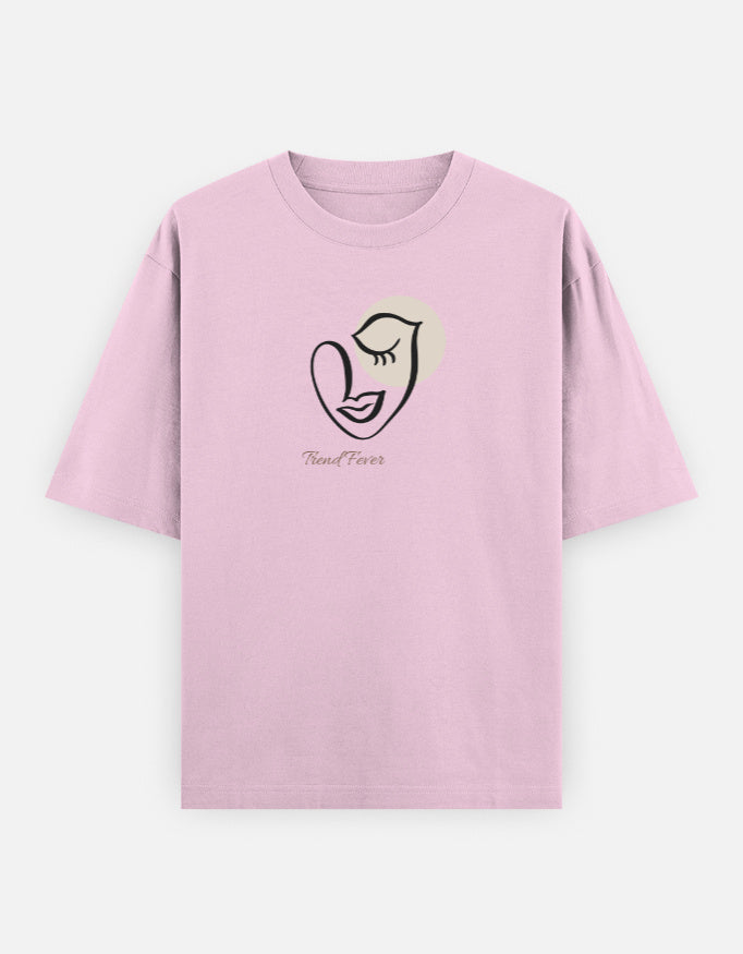 Close-up of minimalist abstract face graphic on Trend Fever 240 GSM oversized cotton T-shirt