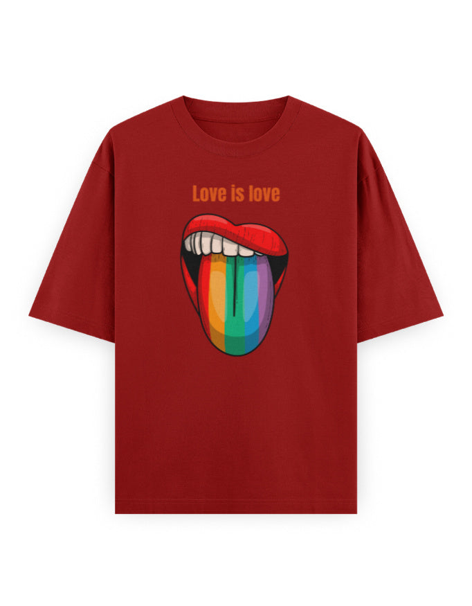 Red oversized t-shirt with 'Love is love' text and rainbow lips graphic, streetwear fashion