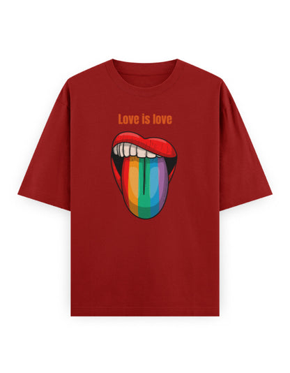 Red oversized t-shirt with 'Love is love' text and rainbow lips graphic, streetwear fashion