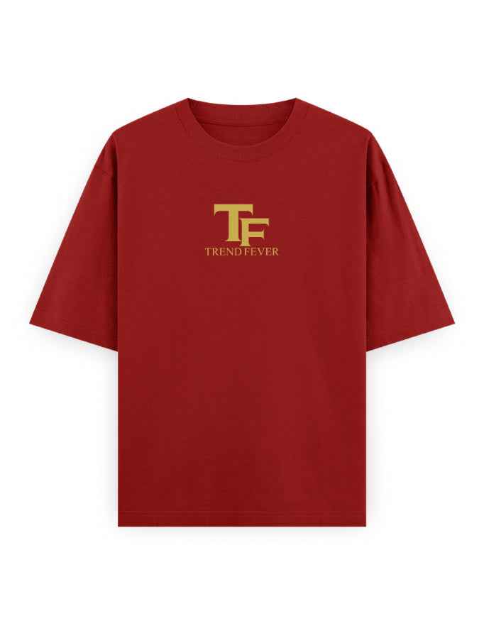 Red oversized t-shirt with yellow TF Trend Fever logo, bold streetwear style