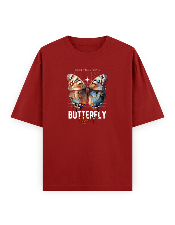 Oversized red streetwear t-shirt with butterfly graphic and 'Butterfly Effect' text on front