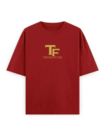 Red oversized streetwear t-shirt with gold TF Trend Fever logo on front