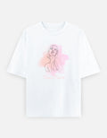 A white short-sleeve crewneck t-shirt featuring a minimalist line art illustration of a woman with a pink watercolor splash and the text 'Trend Fever' printed below, displayed on a light gray background.