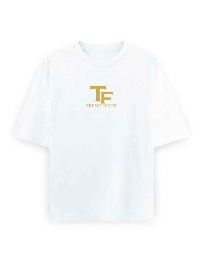 White oversized streetwear t-shirt with gold 'TF TREND FEVER' logo on front