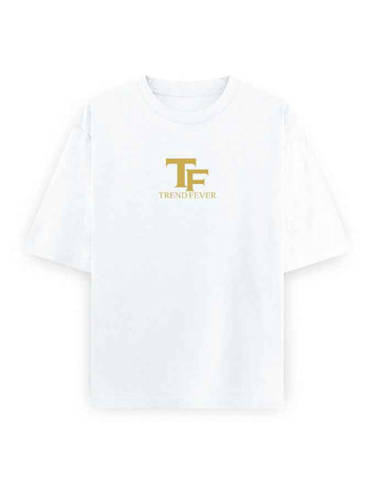 White oversized streetwear t-shirt with gold 'TF TREND FEVER' logo on front