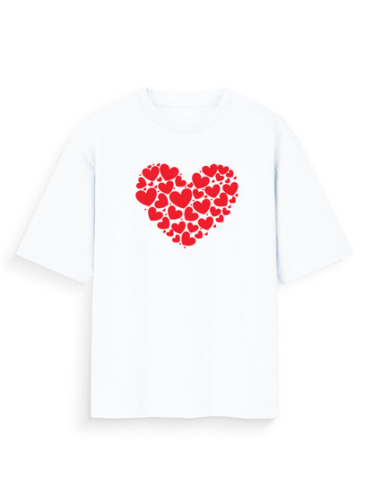 White oversized t-shirt with red heart graphic made of small hearts, streetwear fashion