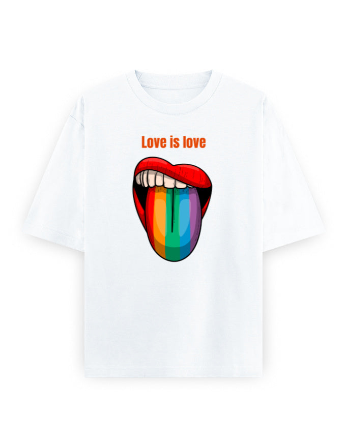 White oversized t-shirt with 'Love is love' text and rainbow tongue graphic print
