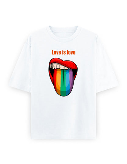 White oversized t-shirt with 'Love is love' text and rainbow tongue graphic print