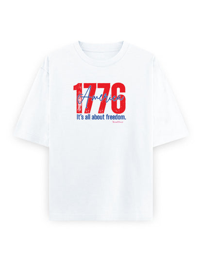 White oversized streetwear t-shirt with bold red '1776 America' graphic and freedom slogan