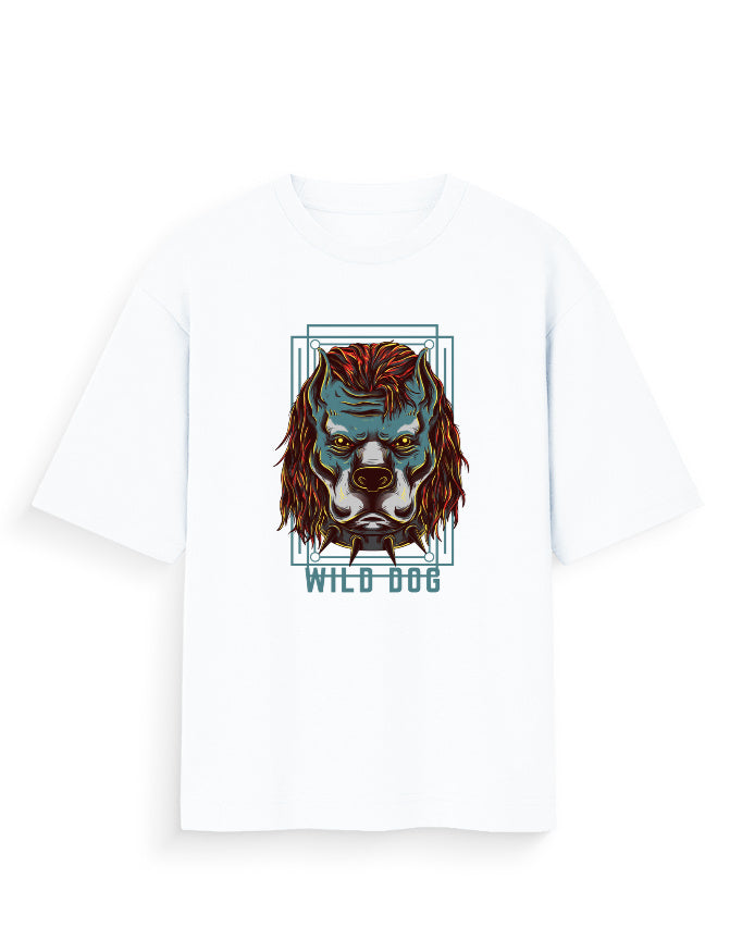 White oversized t-shirt with bold graphic wild dog head and geometric frame design
