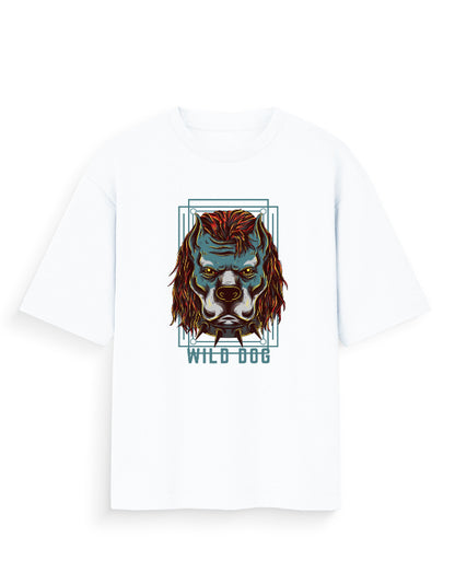 White oversized t-shirt with bold graphic wild dog head and geometric frame design