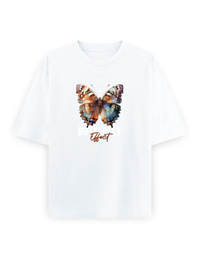 Oversized white t-shirt with colorful butterfly graphic and 'Butterfly Effect' text on front