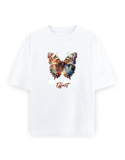 Oversized white t-shirt with colorful butterfly graphic and 'Butterfly Effect' text on front
