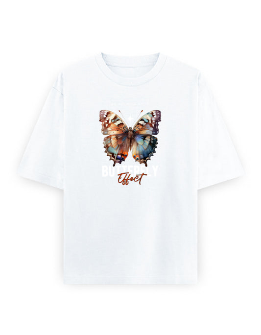 Oversized white t-shirt with colorful butterfly graphic and 'Butterfly Effect' text on front
