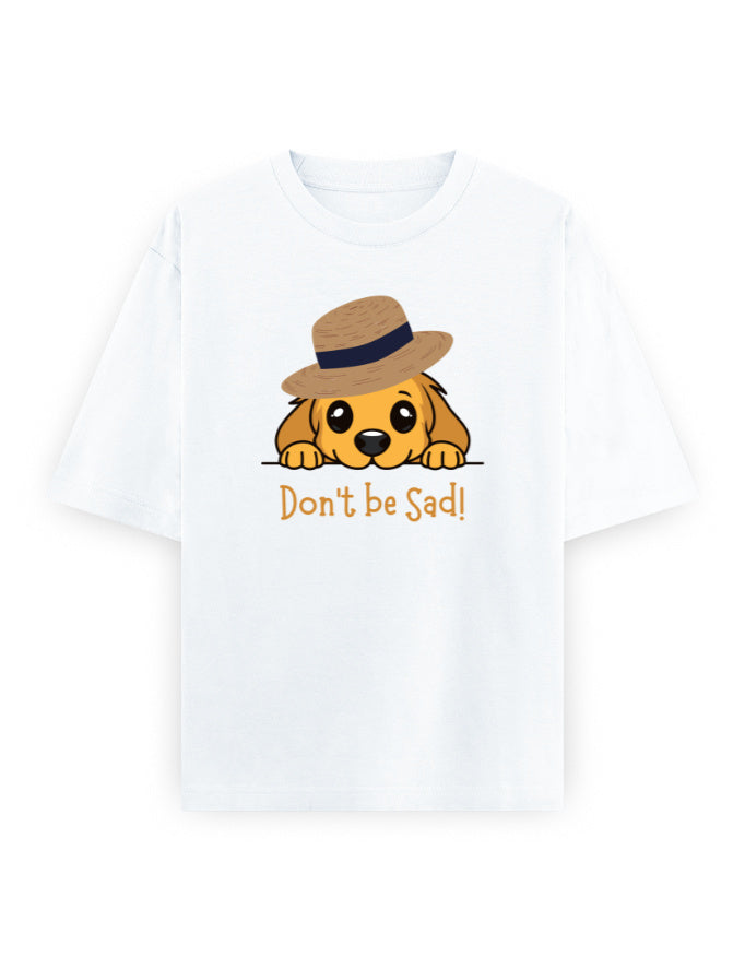 White oversized t-shirt with cute dog in hat and 'Don't be Sad!' streetwear graphic print