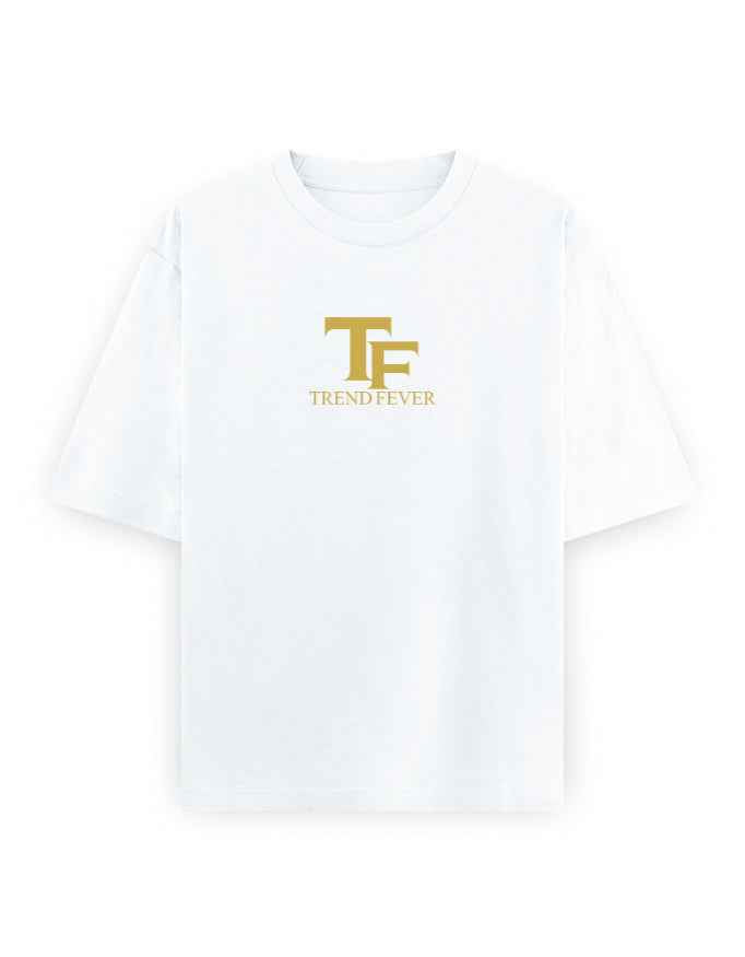 White oversized streetwear t-shirt with gold TF Trend Fever text on chest, front view