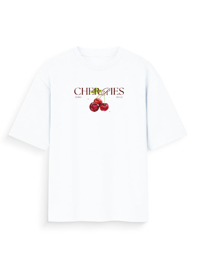 White oversized streetwear t-shirt with cherries graphic and bold text on front