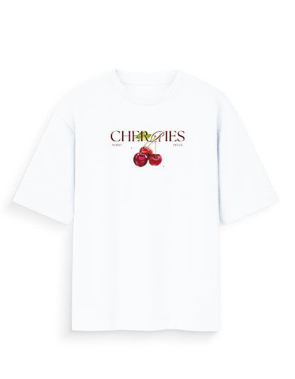 White oversized streetwear t-shirt with cherries graphic and bold text on front
