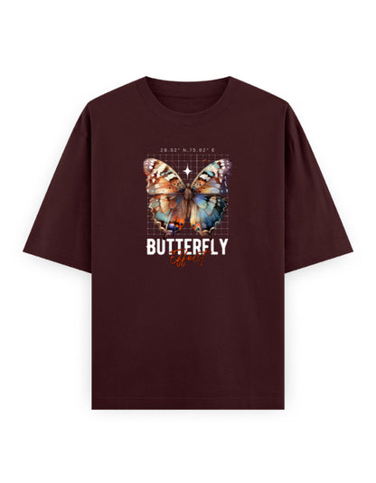 Oversized maroon streetwear t-shirt with colorful butterfly and 'Butterfly Effect' graphic