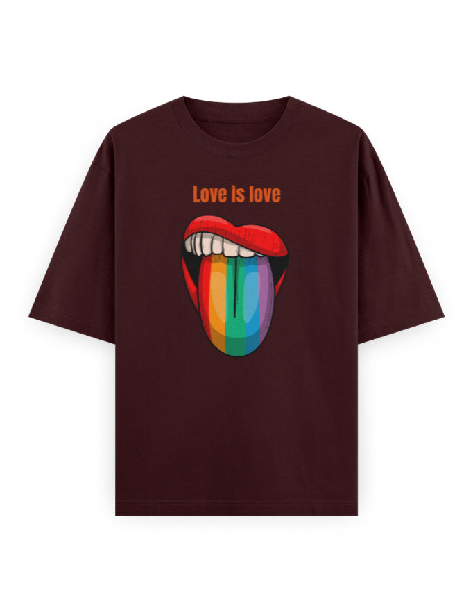 Oversized maroon t-shirt with 'Love is love' text and rainbow lips graphic on front