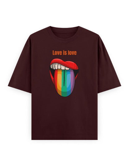 Oversized maroon t-shirt with 'Love is love' text and rainbow lips graphic on front