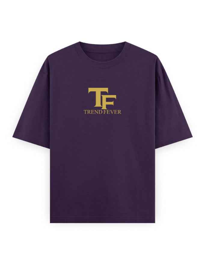 Oversized purple t-shirt with gold TF Trend Fever logo, streetwear style, front view
