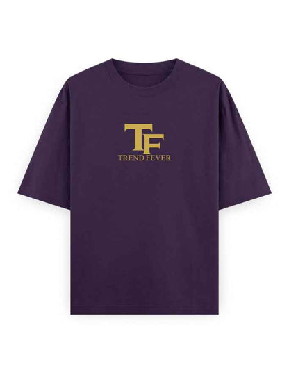 Oversized purple t-shirt with gold TF Trend Fever logo, streetwear style, front view