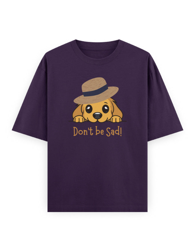 Purple oversized t-shirt with cute dog in hat and 'Don't be Sad!' cartoon graphic