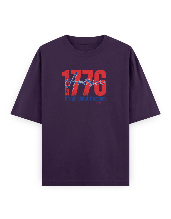 Oversized purple t-shirt with red and blue '1776 America It's all about freedom' graphic print