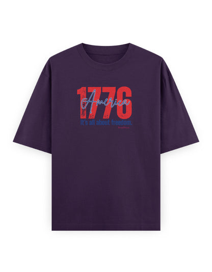 Oversized purple t-shirt with red and blue '1776 America It's all about freedom' graphic print