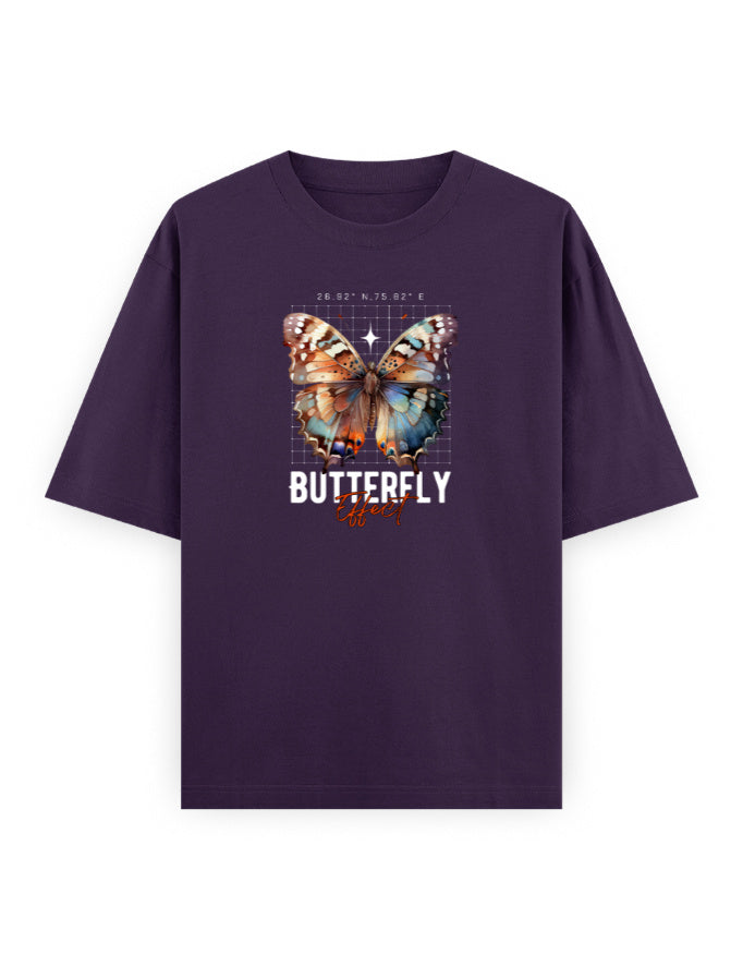 Purple oversized t-shirt with butterfly graphic and 'Butterfly Effect' text, streetwear style