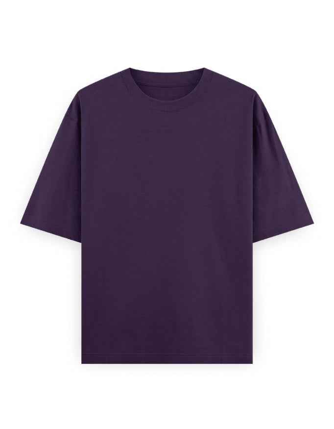 Oversized plain dark purple t-shirt with short sleeves on white background