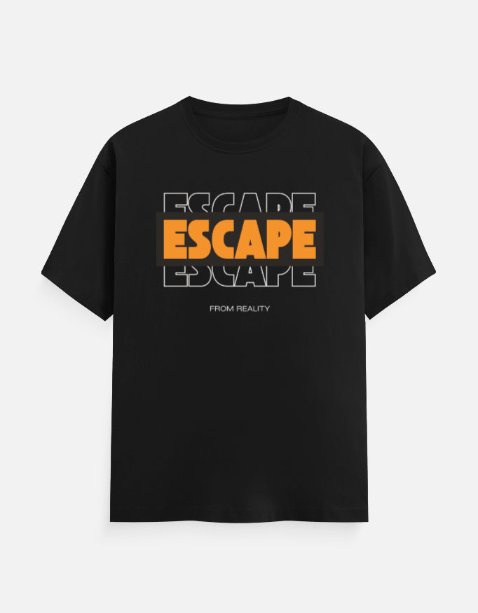 A TREND FEVER black short-sleeve t-shirt with a graphic print on the chest reading 'ESCAPE ESCAPE ESCAPE' in orange and white, with 'FROM REALITY' printed below it, displayed against a light gray background.