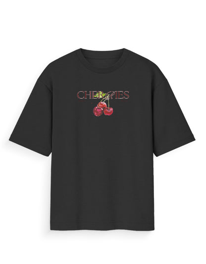 Black oversized streetwear t-shirt with cherries graphic and bold CHERRIES text on front