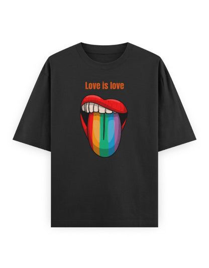 Black oversized t-shirt with 'Love is love' text and rainbow lips graphic, streetwear style