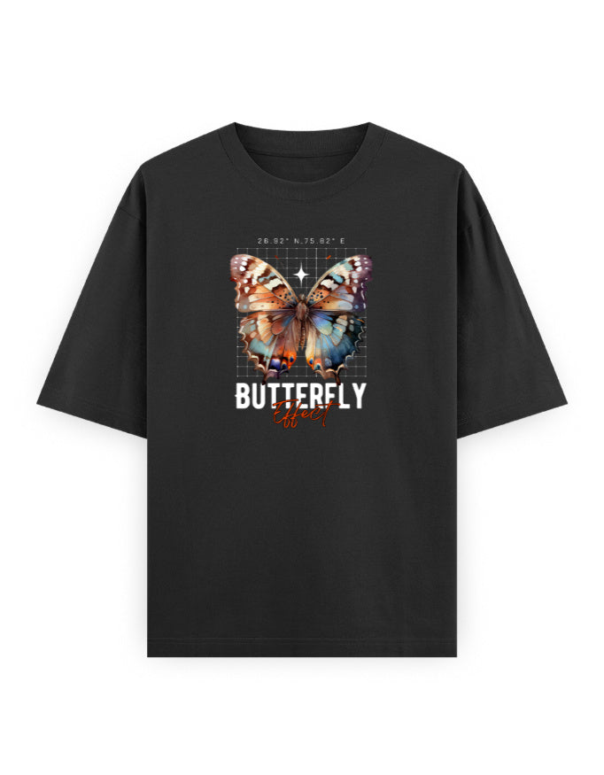 Black oversized t-shirt with colorful butterfly graphic and 'Butterfly Effect' text on front.