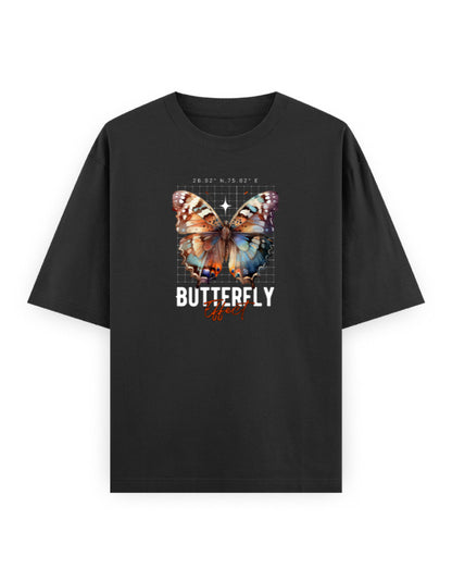 Black oversized t-shirt with colorful butterfly graphic and 'Butterfly Effect' text on front.