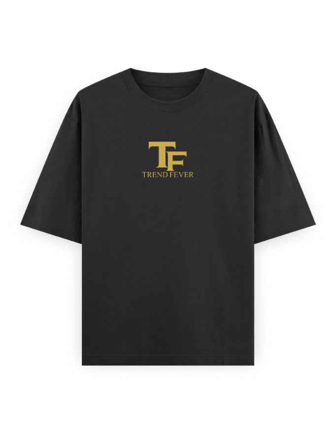Black oversized streetwear t-shirt with gold TF Trend Fever logo on chest