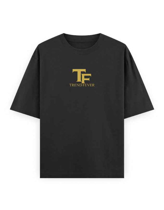 Black oversized streetwear t-shirt with gold TF Trend Fever logo on chest