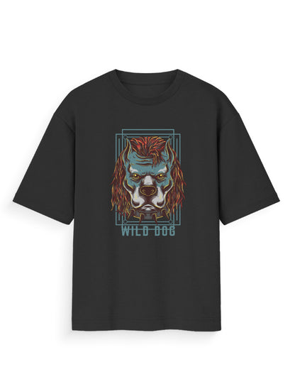 Black oversized t-shirt with fierce wild dog graphic and bold streetwear design