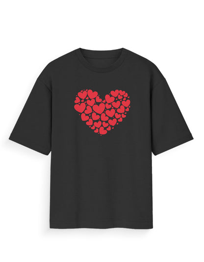 Black oversized t-shirt with red heart graphic made of smaller hearts, streetwear style