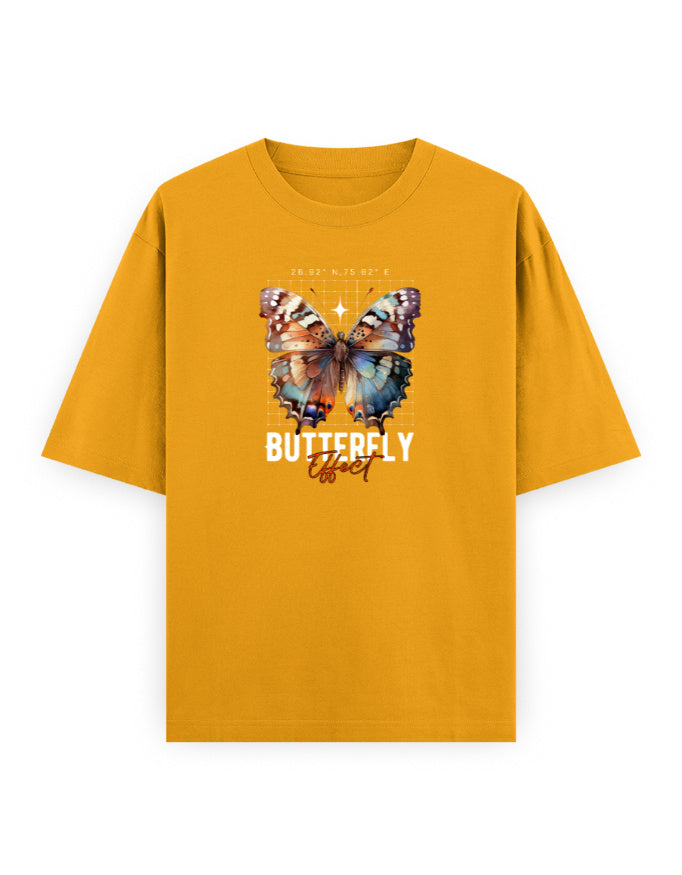 Oversized mustard t-shirt with colorful butterfly graphic and 'Butterfly Effect' text
