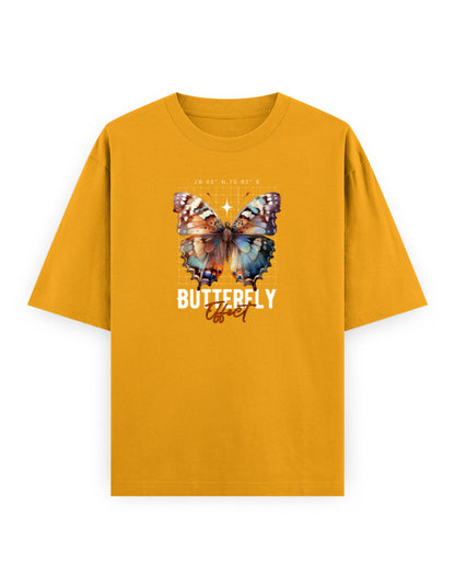 Oversized mustard t-shirt with colorful butterfly graphic and 'Butterfly Effect' text