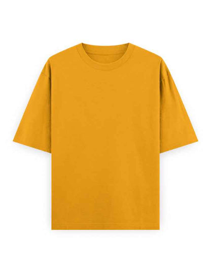 Oversized mustard yellow t-shirt with short sleeves and crew neck on white background