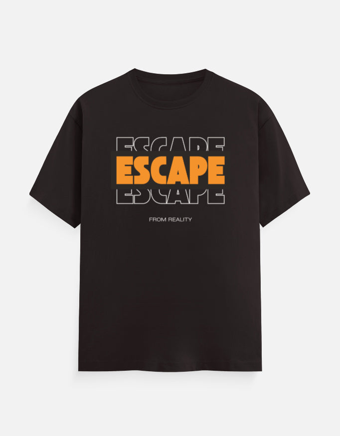 A Coffee Brown short-sleeve crewneck t-shirt with a graphic print on the chest reading 'ESCAPE ESCAPE ESCAPE' in orange and white, with 'FROM REALITY' printed below, displayed against a light gray background.