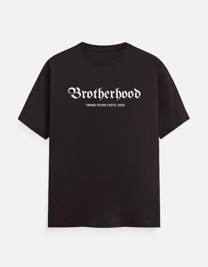 Black t-shirt with 'TREND FEVER BROTHERHOOD' text on a white background