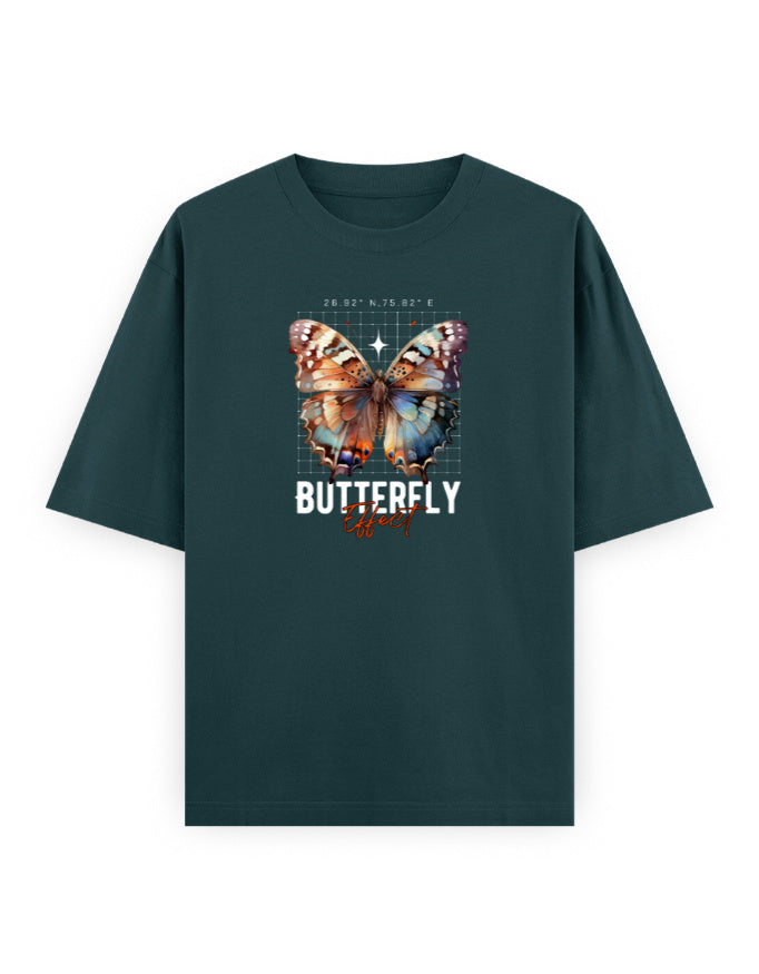 Oversized dark green t-shirt with colorful butterfly graphic and 'Butterfly Effect' text on front.