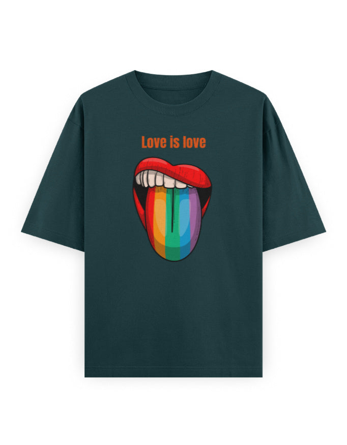 Oversized dark green t-shirt with 'Love is love' and rainbow lips graphic, streetwear fashion