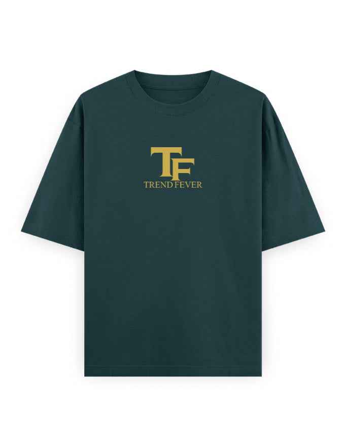 Oversized dark green streetwear t-shirt with gold TF logo and Trend Fever text on front