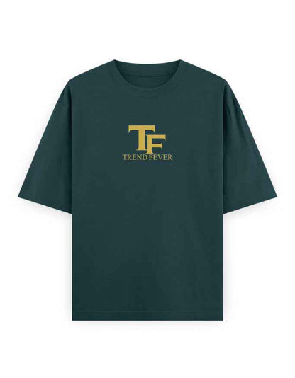 Oversized dark green streetwear t-shirt with gold TF logo and Trend Fever text on front